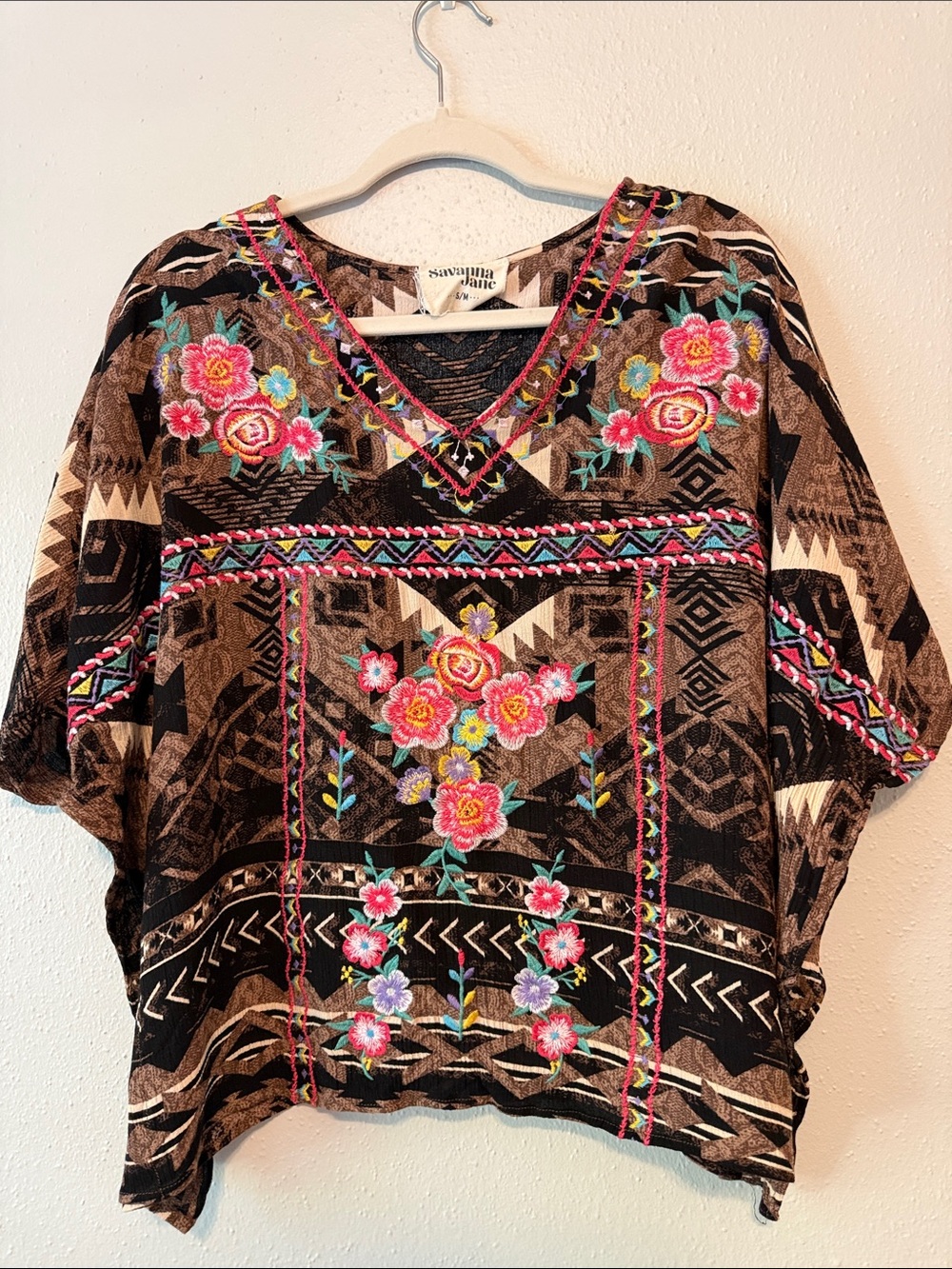 Savanna Jane Black & Brown Embroidered V-Neck Floral Blouse